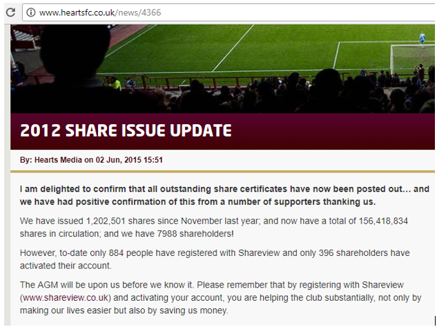 Hearts notice on website 2015 about 2012 share issue
